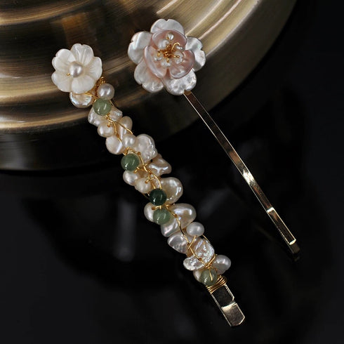 Floral Pearl and Green Stone Hair Barrette Set